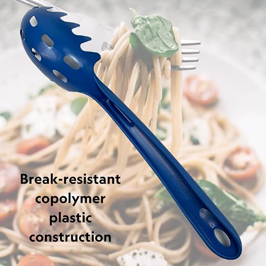 Rite-Size 8 oz. Spaghetti Pasta Spoon Server, Copolymer Plastic Heat Resistant Professional Cooking Tool, Blue