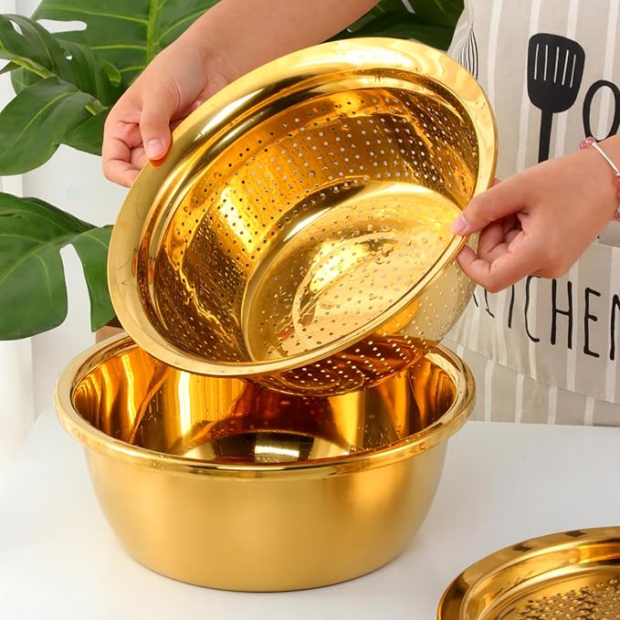 Meisha Colander, 3Pcs Stainless Steel Kitchen Tool 3 in 1 Drain Basket Fruit and Vegetable Cutter Strainer Bowl Set Drain Pot Basket Grater for Fruits Vegetables Rice Washing Mixing, - Iridescent