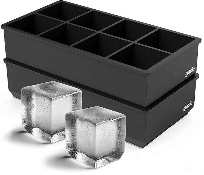 Ice Cube Molds – 2-Pack Silicone Trays for 8 Large Square Cubes – Slow-Melt Ice for Whiskey, Cocktails, Coffee & More (Black)