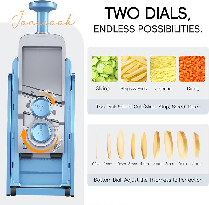 Jonscook 7-in-1 Safe Mandoline Slicer for Kitchen, Vegetable Slicer with Container, Veggie Chopper Cutter, Upgraded Tray & Stainless Steel Grater & Basket & Lid & Cleaning Brush (Blue Pro)