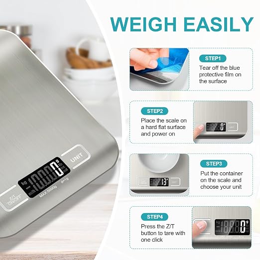 Food Scale, 11lb Kitchen Scale with 6 Units Tare Function & LCD Display, 0.05oz/1g Stainless Steel Digital Food Scale Grams and Ounces for Baking, Cooking, Dieting and Meal Prep (Batteries Included) | 6 Conversion units,Automatic overload,Low battery w...