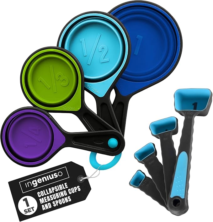 Collapsible Measuring Cups and Measuring Spoons | Portable Food Grade Silicone Measurement Cup Set for Liquid & Dry Food | Dog Food & Camping & Kids Measuring Cup