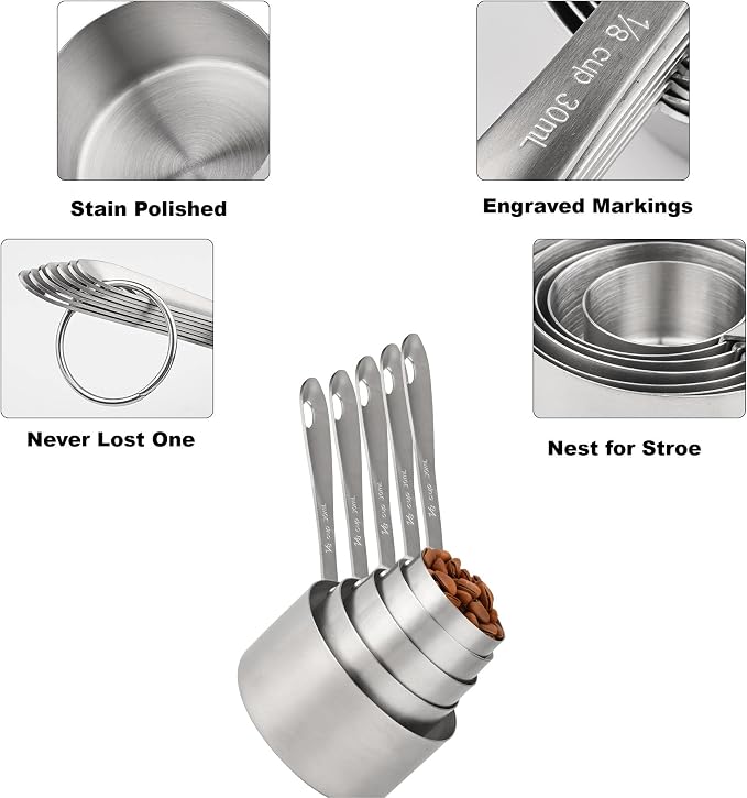 Measuring Cups and Spoons Set, 18/8 Stainless Steel Measuring Cups and Spoons Set, 5 Metal Measuring cup & 6 Baking Measuring Spoon, Imperial & Metric Measure Cup and Spoon Set 11