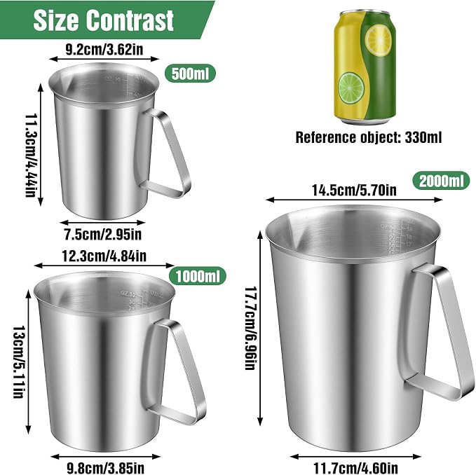 3 Pcs Stainless Steel Measuring Cups Set Metal Pitcher with Handle and Pour Spout Marked Pitcher for Latte Art Kitchen Bar 16oz/32oz/64oz (2/4/8 Cup)