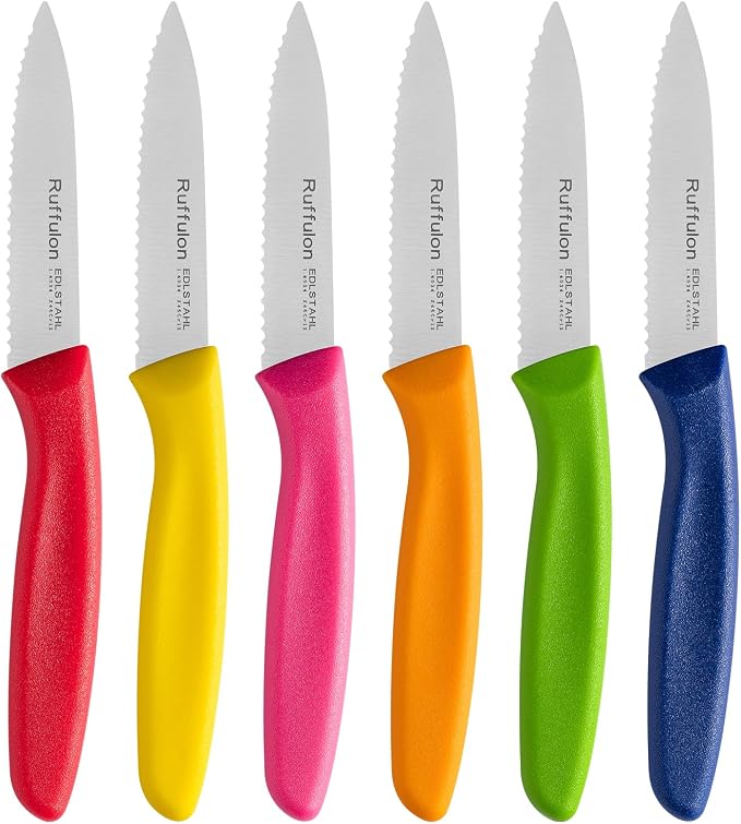 Stainless Steel Paring Knife With Serrated Blade, 6 Pieces Set Vegetable and Fruit Knife, Ultra Sharp Small Kitchen Knife, Colorful Paring Knifves with PP Plastic Ergonomic Handle.