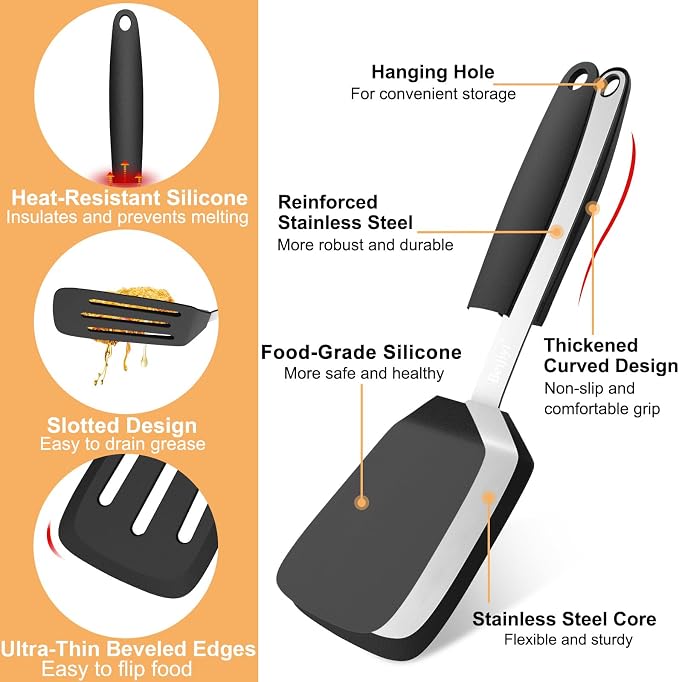 Beijiyi 2 Pack Silicone Spatula Set, Heat Resistant, for Nonstick Cookware | Flipping & Cooking, BPA Free, Flexible, Solid & Slotted Turner, Non-Toxic Kitchen Utensils, Non Scratch, Dishwasher Safe