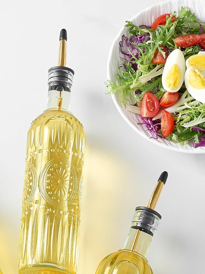 1 Pcs Olive Oil Dispenser Bottle for Kitchen,17oz Clear Glass Cooking Oil and Vinegar Dispenser Set, Coffee Syrup Dispenser with 1 Pourers and 1 Funnel (One circle)