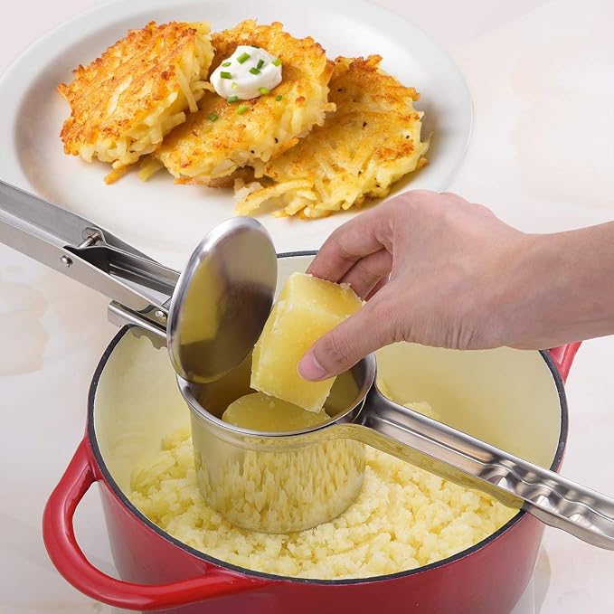 Potato Ricer 15oz, Heavy Duty Stainless Steel Potato Masher and Ricer for Mashed Potatoes,with 3 Interchangeable Discs, Potato Press Kitchen Tool for Mashed
