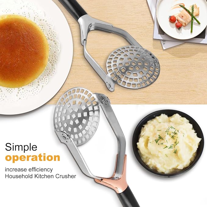 Potato Masher, Folding Stainless Steel Non Stick Non-Slip Mash Potatoes Masher 12 Inch Long Handle Saves Space Heavy Duty Bean Smasher Tool for Avocado, Bean, Rose Gold