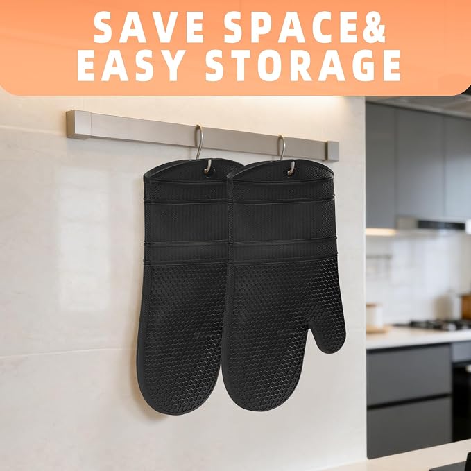 YUTAT Silicone Oven Mitts,Heat Resistant 500F Kitchen Mitts 2PCS,Perfect for BBQ, Baking and Cooking,Black