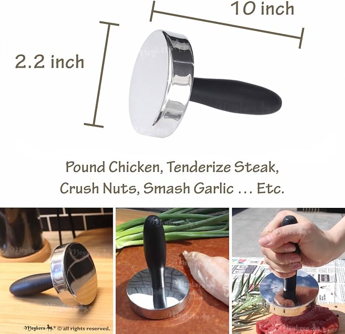 Meykers Meat Pounder Tenderizer | Smash Burger Press | 1.85 lb Heavy Duty | 304 Stainless Steel | Chicken Flattener Masher Beater Kitchen Tool | Aplanadora de Carnes y Pollo | Dishwasher Safe
