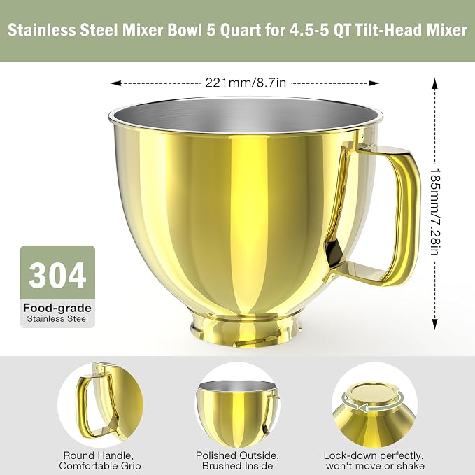 5QT Stainless Steel Mixer Bowl Compatible with Kitchen aid Stand Mixers Kitchenaid Replacement Bowl for 4.5-5 QT Tilt-Head Mixer with Handle, Gold