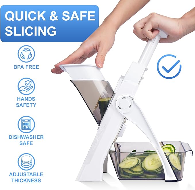 QYKIC Safe Mandoline Slicer, Potato Clips Slicer, Vegetable Food Slicer, Thickness Adjustable for Cucumber Onion Carrot Lemon (Only Slicer White)
