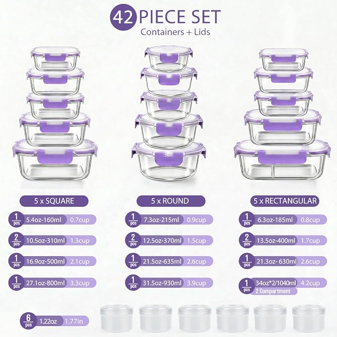 AMALEKO 42pcs Glass Food Storage Containers with Lids Set, 21 Containers & 21 Lids Glass Meal Prep Containers with Snap Locking Lid Set, Leak Proof Lunch Container BPA-Free,Purple