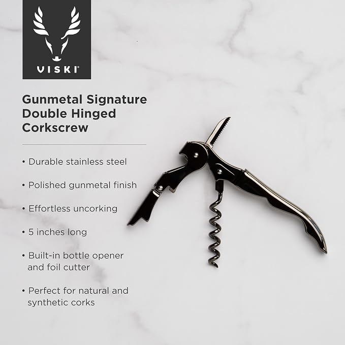 Viski Gunmetal Signature Double Hinged Waiters Corkscrew Wine Opener, Stainless Steel with Built-in Bottle Opener & Foil Cutter for Home Bar, Kitchen, Travel, Gifts for Wine Lovers, Set of 1, Black