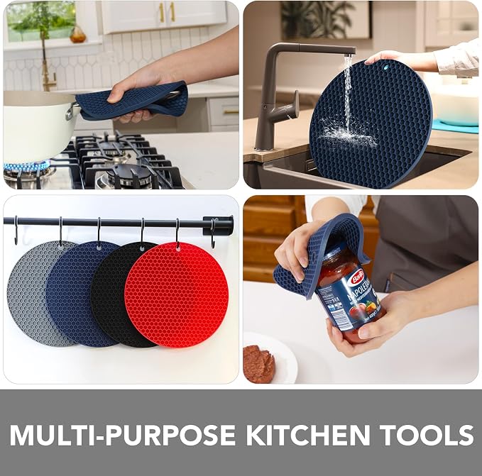 4 Pack Silicone Trivet for Hot Dishes | Heat Resistant Silicone Pot Holders for Kitchen Countertops, Hot Dishes, Jar Opener, Spoon Holder, Easy to Wash, Navy