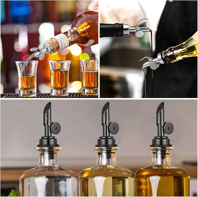 2 PCS Olive Oil Dispenser Spout, Olive Oil Spout for Liquor Bottles | Self Closing Oil Bottle Spout, Auto Flip Liquor Pour Spout for Oil, Vinegar, Syrup and Alcohol, Black silver