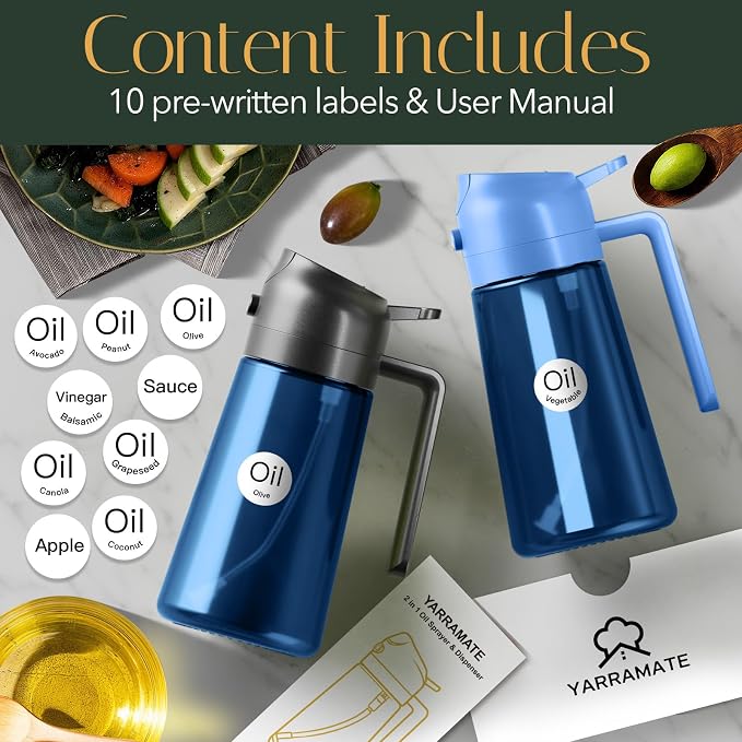 YARRAMATE 16oz/470ml Light-Blocking Dark Oil Sprayer for Cooking (Skyblue) | 2 in1 Olive Oil Dispenser Bottle for Kitchen, Premium Blue Glass Oil Bottle, Food-Grade Oil Mister for Air Fryer, BBQ