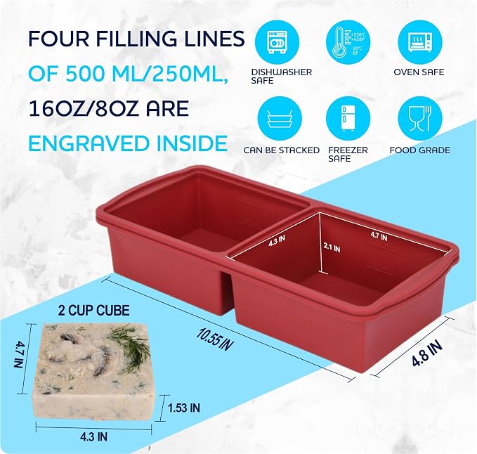 ZIP STANDING Silicone Freezer Trays with Lid,2-cup Soup Freezer Container large Ice Cube Molds with Reinforced Steel Ring Top for freezing Soup Sauce Broth Leftovers oven Dishwasher -Safe (red)