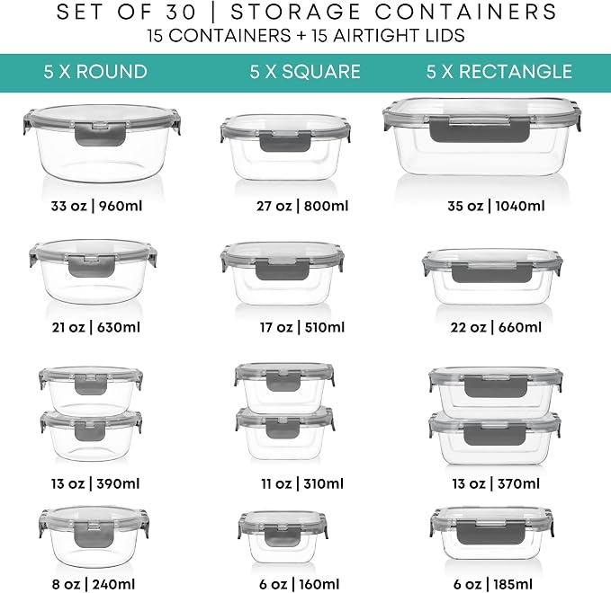 Razab 30 PC Glass Food Storage Containers with Lids - Reusable Glass Meal Prep Containers for Lunch and Leftovers - Airtight & Leakproof Snap Locking Lids - Oven, Freezer, Microwave & Dishwasher Safe