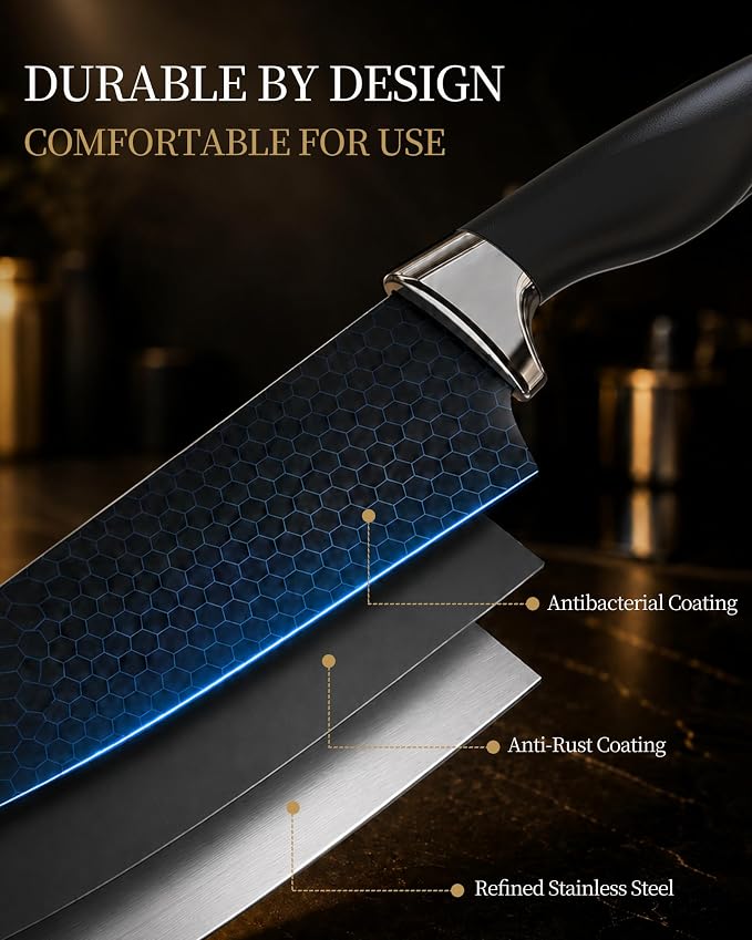 Amorston Knife Set, 15 Piece Kitchen Knife Set with Block and Built in Sharpener, German Stainless Steel Dishwasher Safe Knife Block Set, Black Kitchen Knives Set for Home Cooking