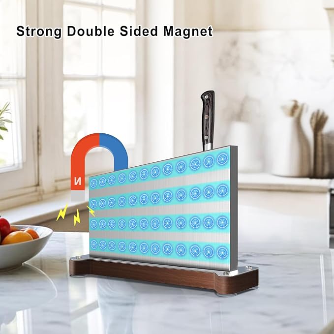 Magnetic Knife Holder Stand,Large Double Sided Magnetic Knife Block WIthout Knives Stainless Steel Magnet Kitchen Knife Holder Strong Magnetic Knife Rack Storage With Three Magnet Strip