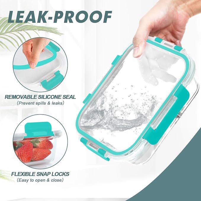 30 oz 5 Pack Glass Meal Prep Containers with Lids, Green | Glass Food Storage Containers with Lids, Airtight Lunch Box, BPA-Free, Dishwasher, Microwave, Oven and Freezer Safe