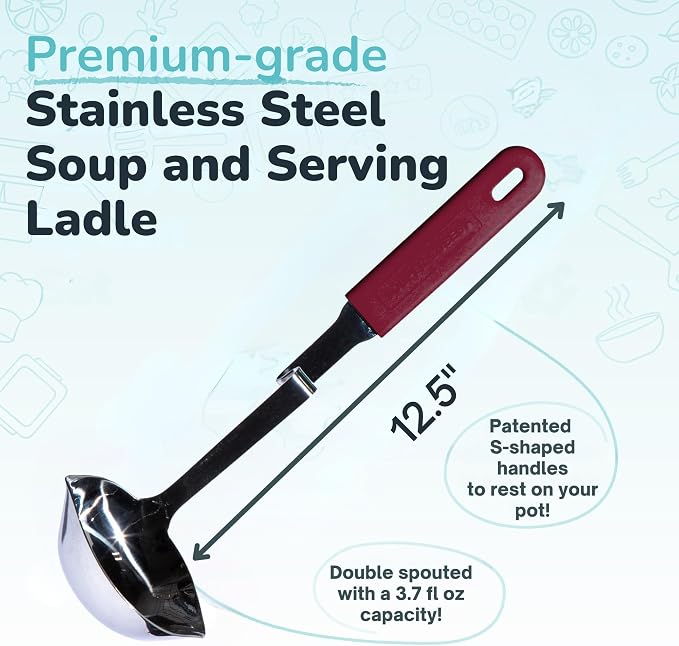 Souper Cubes + Lori Greiner No Mess Stainless Steel Soup Ladle with Silicone Handle - Metal Soup Ladle with No Mess Design That Hooks on Side of Any Pot - Cranberry