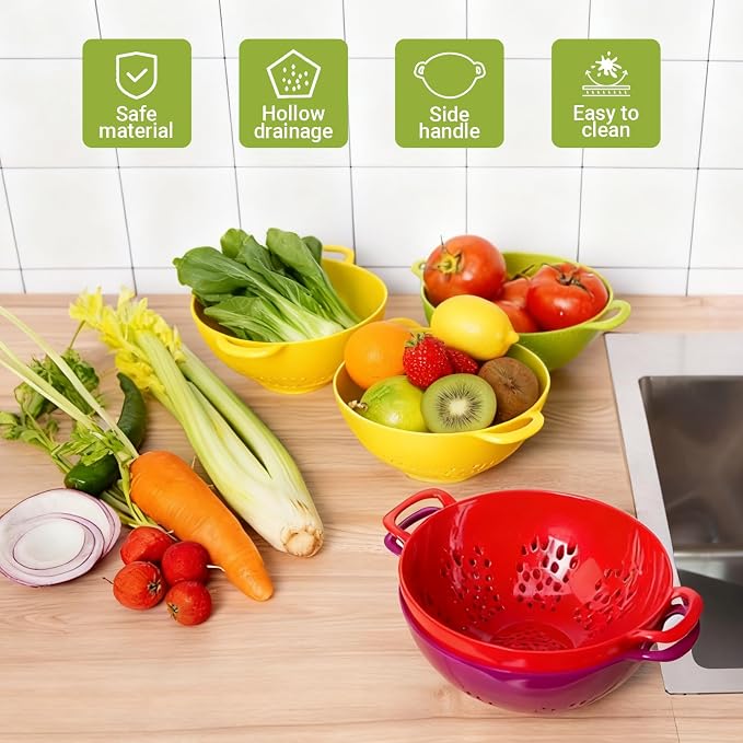 4pcs Small Colander Set, 7.5in Mini Colander, Plastic Food Strainer with Double Handles for Fruits, Vegetables, Pasta - Send Goods from Local Warehouse