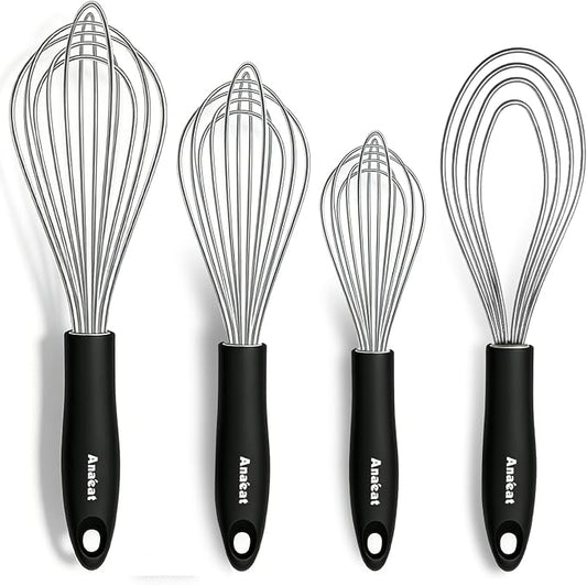 Anaeat Stainless Steel Kitchen Whisk Set of 4, Milk and Egg Beater Blender with Thick Wire for Whisking, Cooking, Baking, Beating and Stirring - 11'' Flat Whisk and 9''+11''+12'' Balloon Whisks