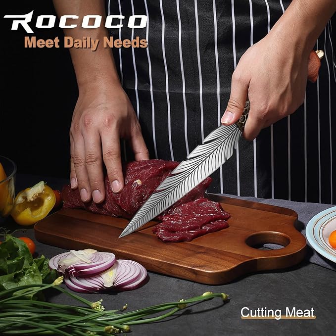 ROCOCO Feather Viking Knife Japanese Forged in Fire Boning Knife Fancy Kitchen Cleaver with Sheath Outdoor Camping BBQ Collection Birthday Thanksgiving Christmas Father Mother Gift 7"