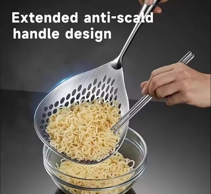 Skimmer Slotted Spoon 304 Stainless Steel With Wooden Handle 16.8 inch Skimmer Spider Food Strainer Ladle Kitchen Cooking Colander for Pasta Deep Frying Scoop
