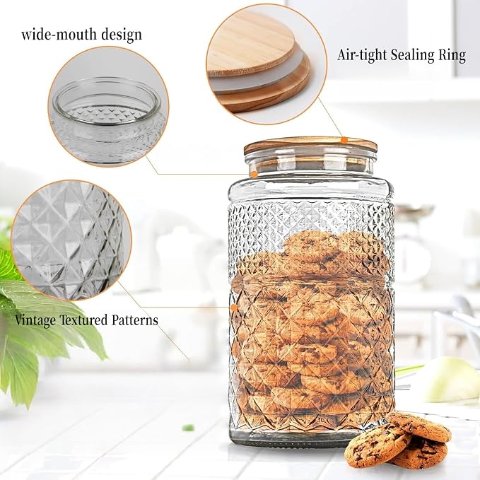 1 Gallon Large Vintage Glass Storage Jar with Airtight Bamboo Lid, Round | Kitchen Pantry Thick Glass Container for Flour Sugar Cookie Coffee Laundry Pods, Wide Mouth Opening and Airtight Bamboo lid