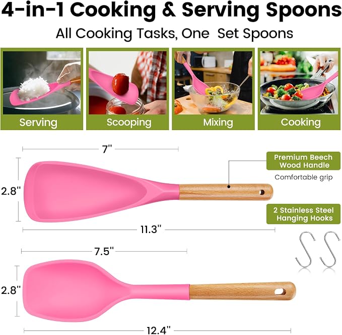Large Silicone Cooking Spoons Set, 2 Pcs Heat Resistant Serving Spoon, Multifunction Nonstick Spatula Spoon for Mixing, Stiring, Basting, Scooping,Scraping (Berry Carnival Fuchsia)