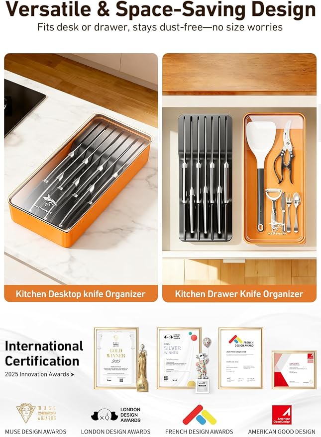 MAD SHARK 2-in-1 Detachable Knife Block & Silverware Organizer, Drawer Knife Holder for 7 Knives, BPA-Free, Blade-Safe Slots, Save Counter Space, Kitchen Drawer or Counter Storage, No Knives