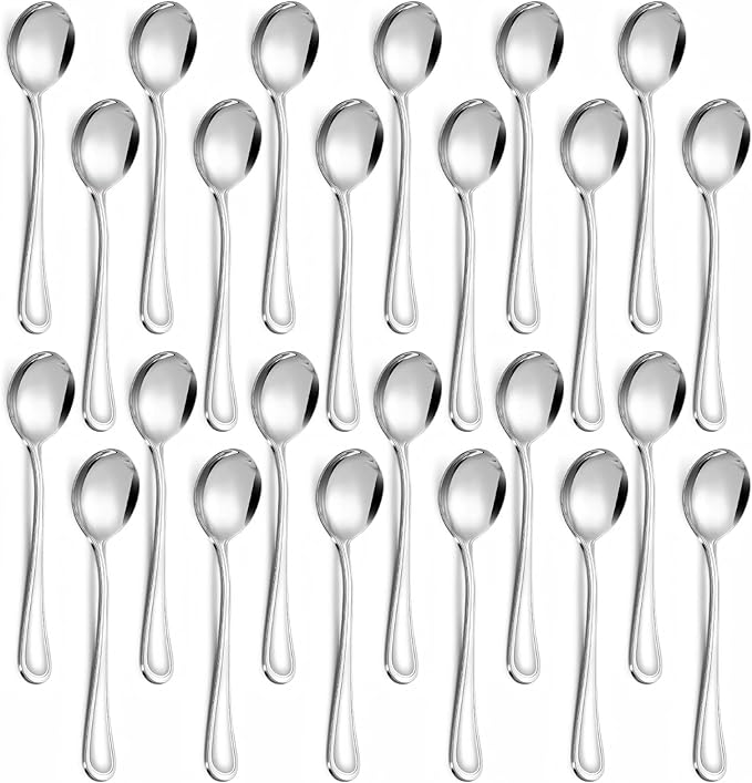 Hunnycook 24-Piece Soup Spoons - Round Spoon, 6.9 Inch Stainless Steel Korean Spoons for Soup, Cereal, Dessert, Dishwasher Safe & Line Pattern