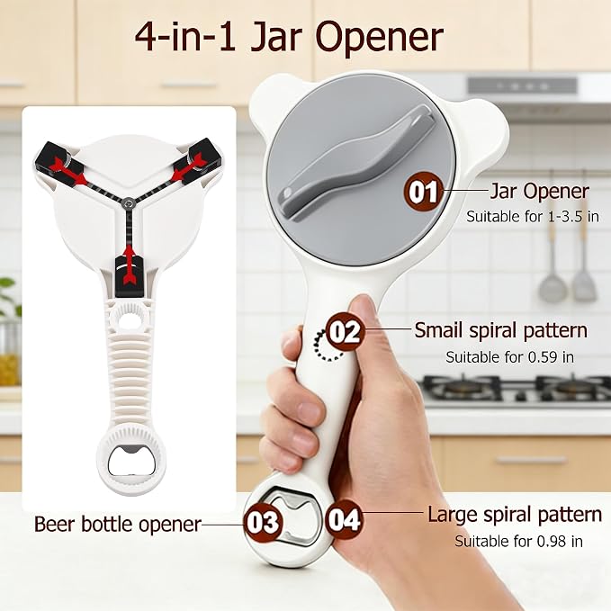 4-in-1 Jar Opener for Weak Hands, Adjustable Lid & Bottle Opener Gray | Ergonomic non-slip grip for arthritis hands, opens jars bottles cans, adjustable multi-size lid remover, durable kitchen tool