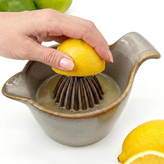 4 inch Ceramic Lemon Squeezer - Manual Citrus Juicer with Handle and Easy Pour Spout for Lemon, Orange, Lime&Grapefruit -Easy to Clean Hand Press Juicer,Microwave & Dishwasher Safe,Lead-Free (Gray)