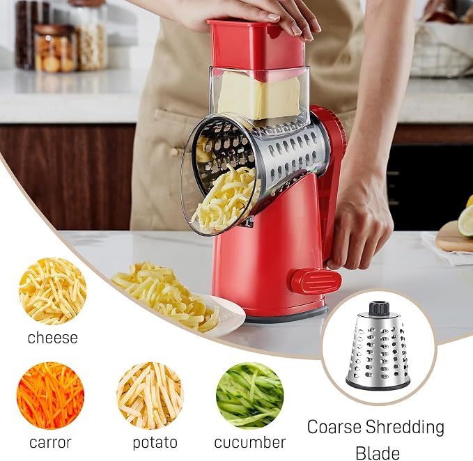 Weltonhm Rotary Cheese Grater with 4 Blades, Large Hand Crank Cheese Grater with Waffle Slicer, Black and White Cheese Slicer with Suction Base, Easier for Shredding& Grating (red, 4 Graters)