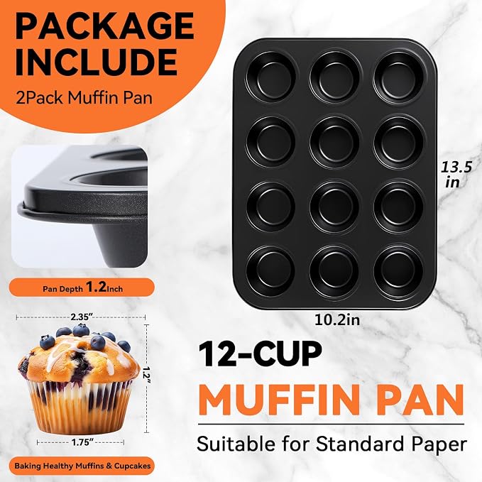 Yoehka 2 Pack Muffin Pan for Baking, Non-stick Cupcake Pan Set, Black | Standard 12-Cups Muffin Tin for Baking Cupcakes, Carbon Steel Baking Supplies