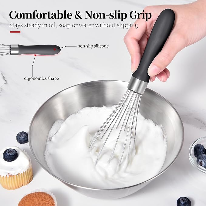 18/8 Stainless Steel Balloon Whisk for Cooking (Small, Black) | Heavy Duty Metal Kitchen Wire Whisker Wisking Tool Egg Beater Hand Mixer for Mixing Baking Beating Stirring Sauce Flour