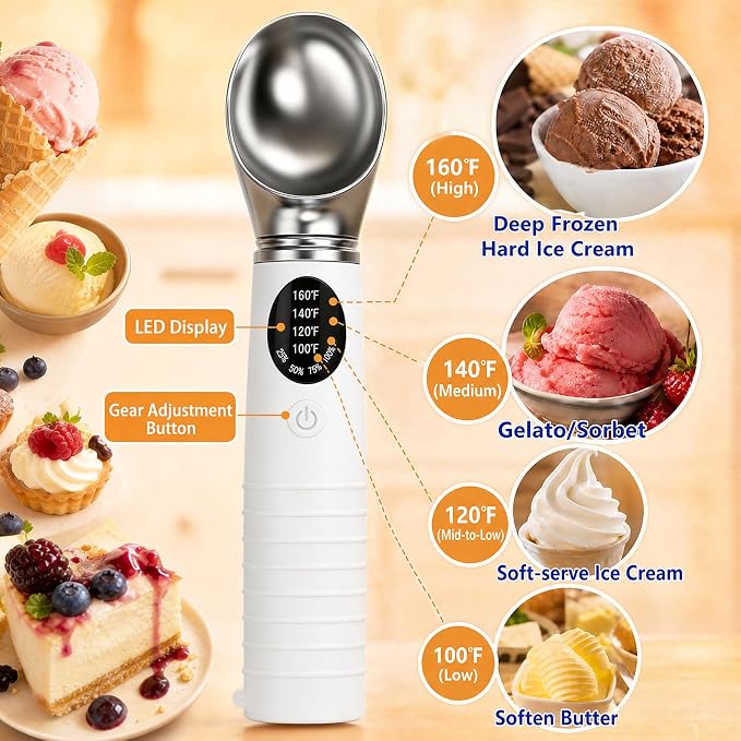 Heated Ice Cream Scoop Rechargeable, Electric Ice Cream Scooper with 4 Temp Modes & LED Display, Heats up to 160°F for Rock-Hard Ice Cream, IPX7 Waterproof Kitchen Gadget for Seniors & Kids (White)