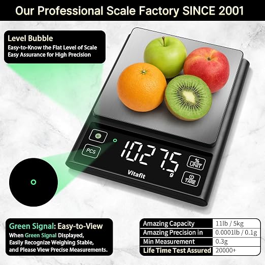 Vitafit 11lb Food Scale, High Accuracy 0.0001lb by Our Professional Scale Factory Since 2001, Digital Kitchen Scale with% Percentage Function for Cooking, Baking & Coffee, Stainless Steel, LED, Black