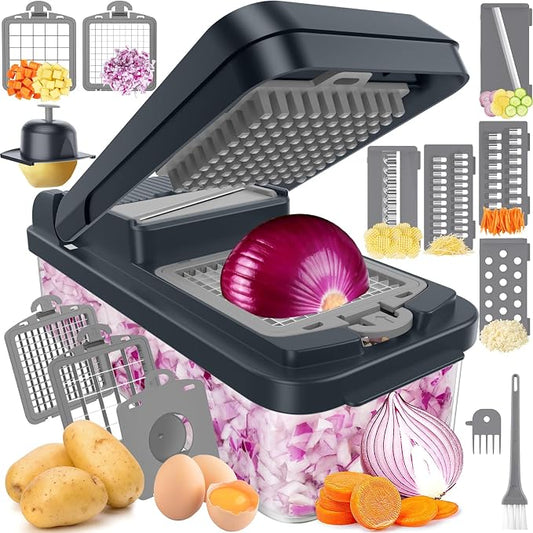 MealHelper 12-in-1 Vegetable Chopper, 7 Blade Veggie Chopper, Practical Food Chopper with Container, Cheese Grater, Home Essentials & Kitchen Gadgets(Grey)