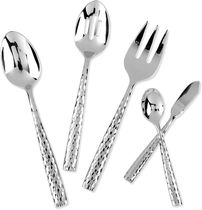UPware 5-Piece 18/8 Stainless Steel Hostess Serving Set, Include Solid Spoon/Slotted Spoon/Serving Fork/Butter Knife/Sugar Spoon, Mirror Polished, Dishwasher Safe (Martello)