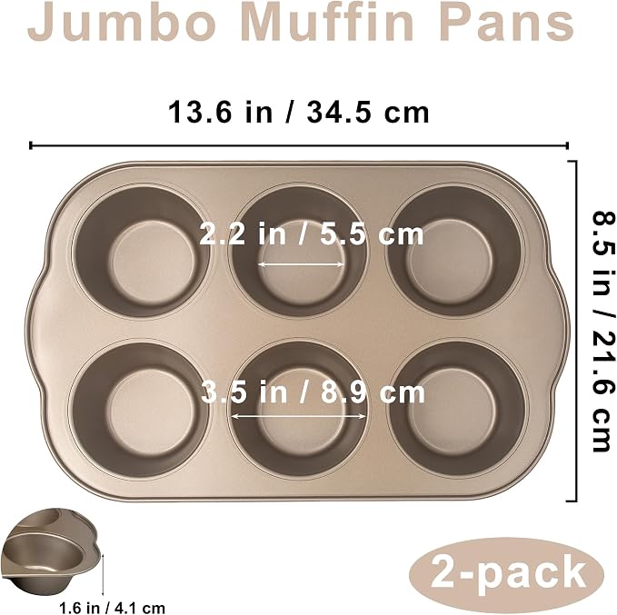 Non-Stick Jumbo 3.5" 6-Cup Muffin Pans, Set of 2(Gold) | Carbon Steel, Long Handle for Large Muffin & Cupcakes