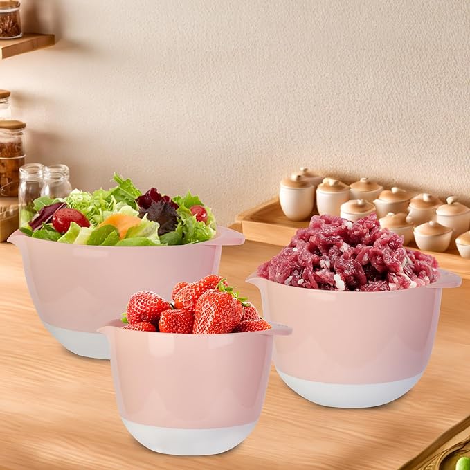 3 Small Mixing Bowls Set with Lids,Grips,Pour Spout and TPR Bottom, Plastic Nesting Bowl Use for Kitchen Cooking-Prep,Serving,Baking Bread Cake,Pancake,Non-slip,3Qt,2Qt,1.5Qt,Pink
