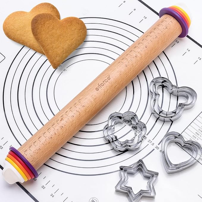 13.6" Adjustable Wooden Rolling Pin with 4 Thickness Rings & Cookie Molds | Olforce 2-10mm / 1/16"-3/8" Dough Thickness Control Roller for Pizza, Cookie, Bread & Pie Crusts