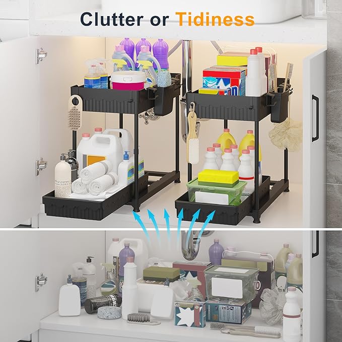2-Pack 2-Tier Under Sink Organizers with Sliding Drawers | Multi-use kitchen & bathroom storage, 12.85 inch black cabinet organizer, space-saving sliding drawer design.