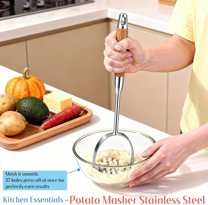 Potato Masher Stainless Steel, 14 Inch Potato Smasher - Kitchen Essential for Mashed Potatoes, Pumpkin, Carrots, Avocado & Fruits, Heavy Duty Metal Mashing Utensil (Wooden handle Masher)